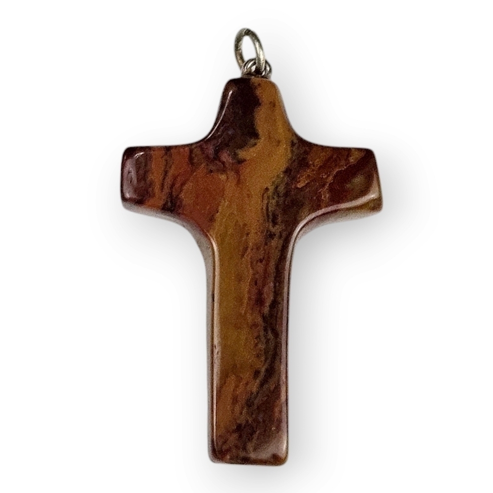 Vintage Brown Jasper Cross Necklace Pendant Carved Natural Stone Unisex 1 5/8"